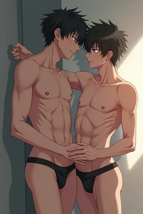 Naked teenage man touching his member anime version next to another man 