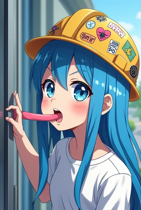 Create a  girl, With blue eyes neon , normal teeth,  blue hair,  long tongue, very long tongue, Licking the window ,  workers helmet full of stickers,  white shirt ,  wears the anime style 