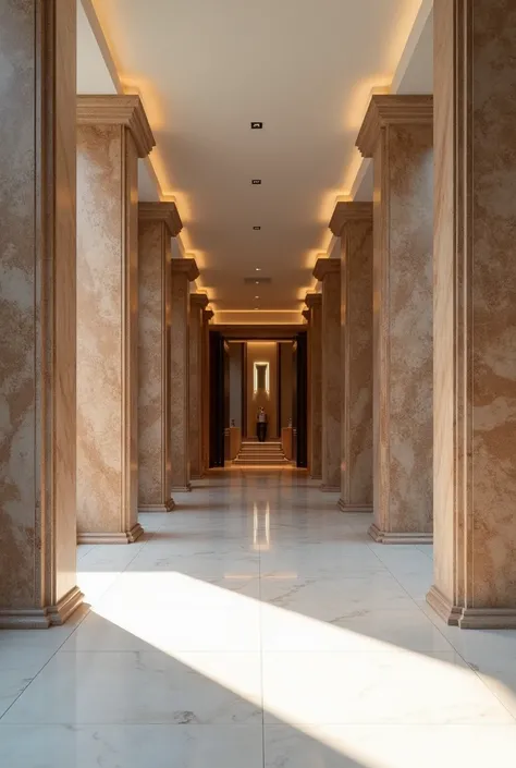 chic apartment building with light brown marble columns at the entrance and white glossy floor