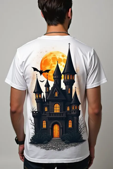 Faça uma camiseta, na imagem deve conter apenas a camiseta, a camiseta é branca, tem estilo streetwear, em sua estampa tem um castelo de halloween estampado