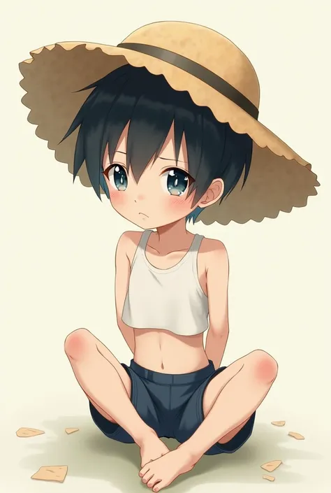  anime character : 
 boy,  , shorty, thin,  short black hair , black and shiny eyes, white pele.  white cropped tank top showing belly ,  short shorts showing thighs,  straw hat . Sitting on the floor with arms back.