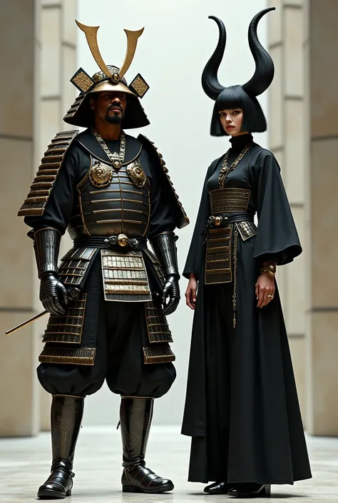 Snoop Dogg and Sia with her black & white wig in samurai armor standing next to each other