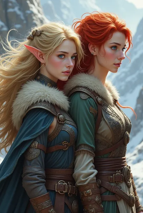  Blond-haired woman,  blue eyes y piel pálida,  Nordic with Viking hairstyle , Elf ears and warrior ;  accompanied by another woman who is red haired,  blue eyes,  Nordic warrior and Viking hairstyle , human ears. Anime 2.0, Realistic