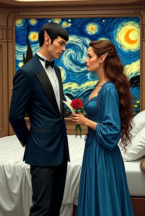 Spock from Star Trek with pointy ears and brown eyes wearing a tuxedo  ,He is standing with his hands behind his back looking at a woman with long brown curly hair and pointed ears and green eyes wearing a medieval blue dress and holding a red rose and a n...