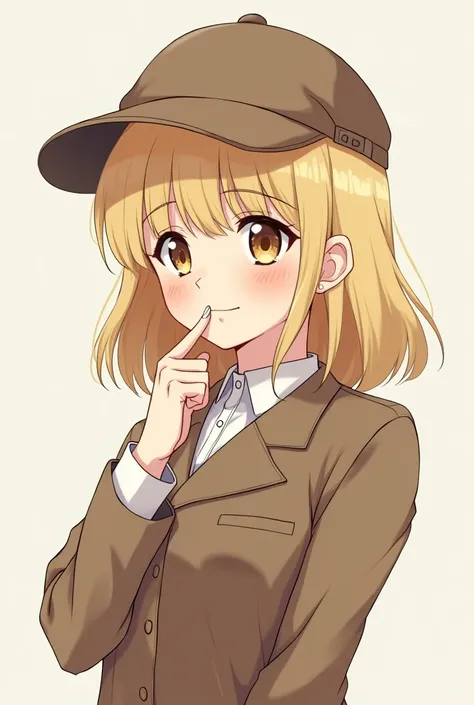 Anime girl detective with a brown dress befitting a secret detective, a small brown round hat, blonde hair, and brown eyes.