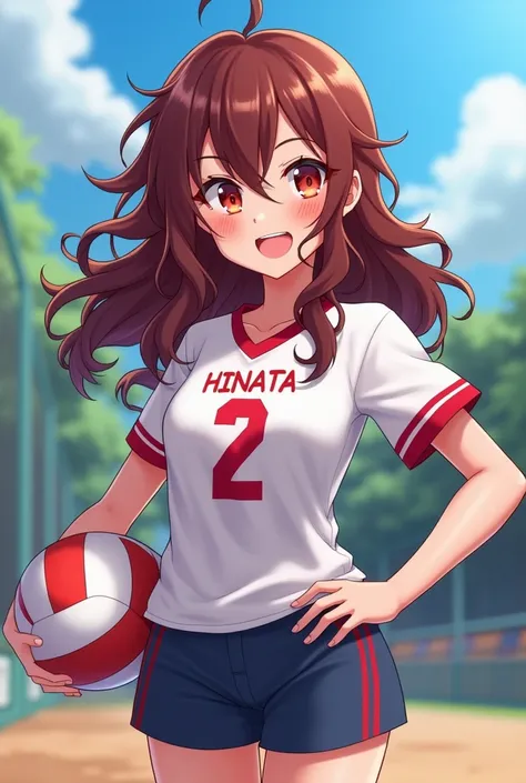 Animated wavy haired girl 2c 3rd wearing Haikyuu shirt number Hinata with the height of 1 .55 with a volleyball in her right hand, brunette with a wavy crimson fringe in dark brown color and the name Valentina 