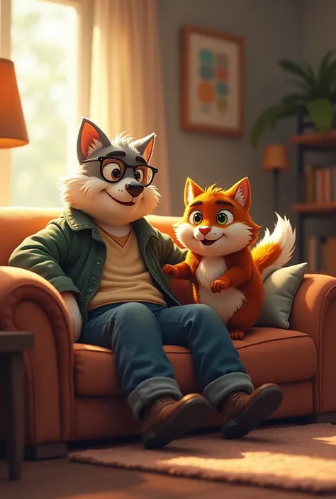 Furry father sitting on a couch and a furry 18 year old son sitting on it and bouncing