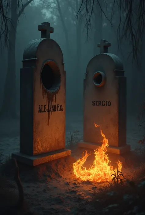 That there are two graves , One that says Alejandro and theres a hole in the floor and theres someone coming out of there and another grave that says Sergio that has fire and flames