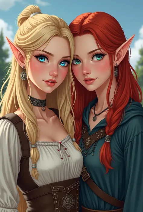  Blond-haired woman,  blue eyes y piel pálida,  Nordic with Viking hairstyle , Elf ears and warrior ;  accompanied by another woman who is red haired,  blue eyes,  Nordic warrior and Viking hairstyle , human ears. Anime 2.0, Realistic