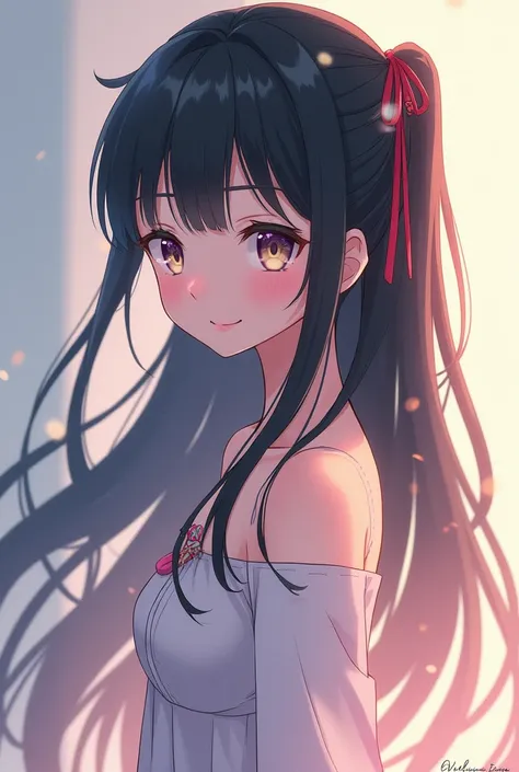 1 , Alone, breasts,  hair ribbon , anime, gentle smile,  Long hair,  black hair, 