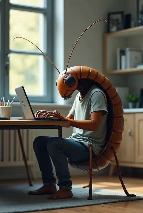 Make me a cockroach shaped human man in modern style is playing a game