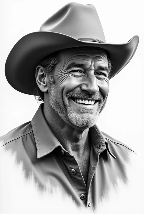 Portrait of a cowboy man in his 40s, smiling and winking like a ladies man, masterpiece,  perfect composition, ultra-detailed ,  In detail,  Very Detailed ,  Ultra high definition, pencil drawing, charcoal drawing, lineart