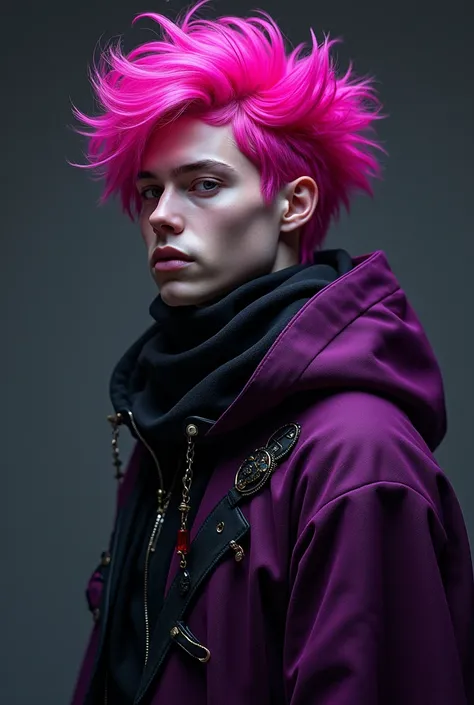 A GUY WITH PINK HAIR IN PURPLE-ON-BLACK CLOTHES AND WITH A RED CAPUX