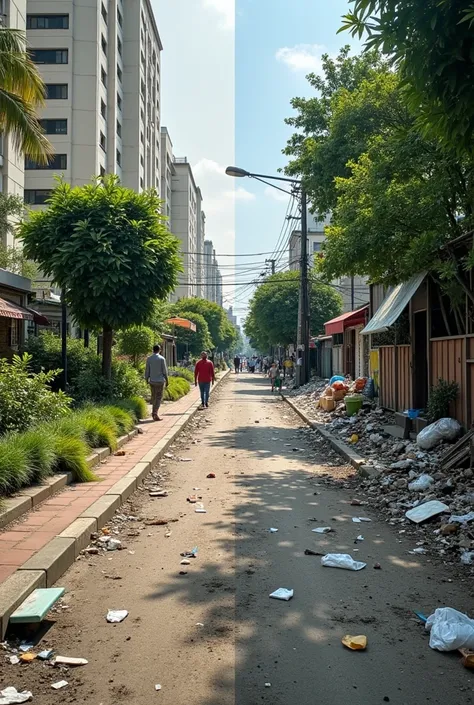  vertical photo in the left half , a clean place is shown , tidy and vibrant one street and in the other half right,  the same place is neglected : garbage,  pollution and visible deterioration .