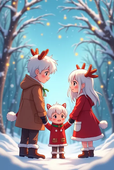 a couple, One with white hair , with reindeer costume , a boy with white hair, with Christmas clothes,of anime 