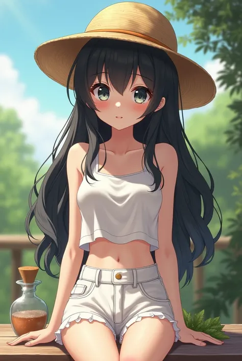  anime character : 
 boy,  , shorty, thin,  long black hair, black and shiny eyes, white pele.  white cropped tank top showing belly ,  short shorts showing thighs,  straw hat . sitting at a table.