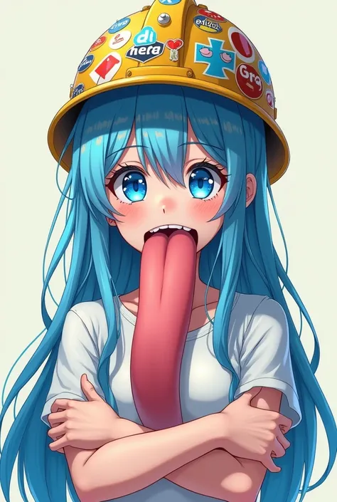 Create a  girl, With blue eyes neon , normal teeth,  blue hair, Thick lips, very long tongue, tiene la very long tongue y gigante, Wrapping his tongue around his arm ,  workers helmet full of stickers,  white shirt ,  wears the anime style 