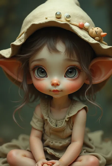 un gros plan dun enfant portant un chapeau, très bel art fantastique, petit troll mignon, rendu hautement photographique, gitane, mignonne, belle fille alien aux pieds nus, vieil art internet, bouffon, petit garçon, yeux de biche larmoyants, un elfe dâge m...