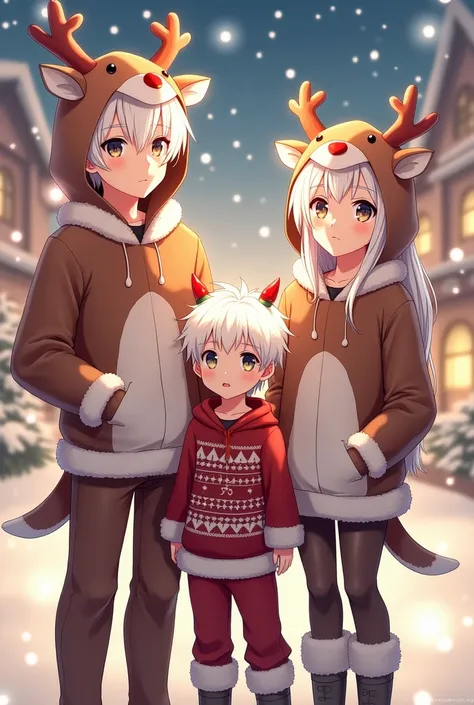 a couple,  teenager, One with white hair , with reindeer costume , a boy with white hair, with Christmas clothes,of anime 