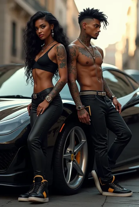  Two thug friends leaning against a black Ferrari ,  one with Galician hair and the other with black hair on the side with a tattoo with the name Litinha and the other with the name Liza with a trap tattoo.