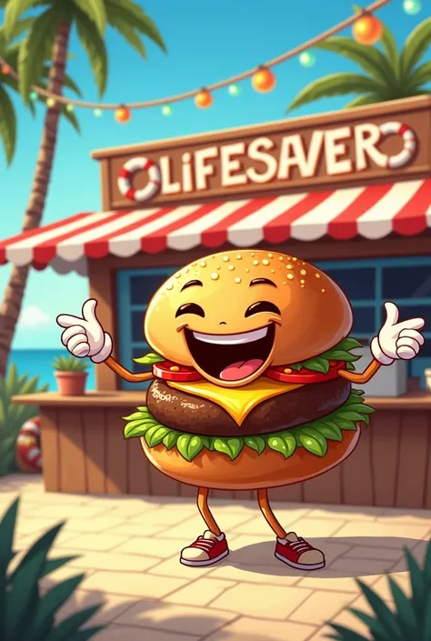 Cheerful hamburger at a food stand with a slightly more lively lifesaver 