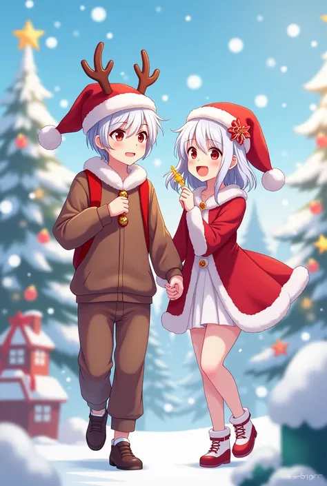 An anime teen couple, One with white hair , with reindeer costume , a boy with white hair, with Christmas clothes, half of the body 