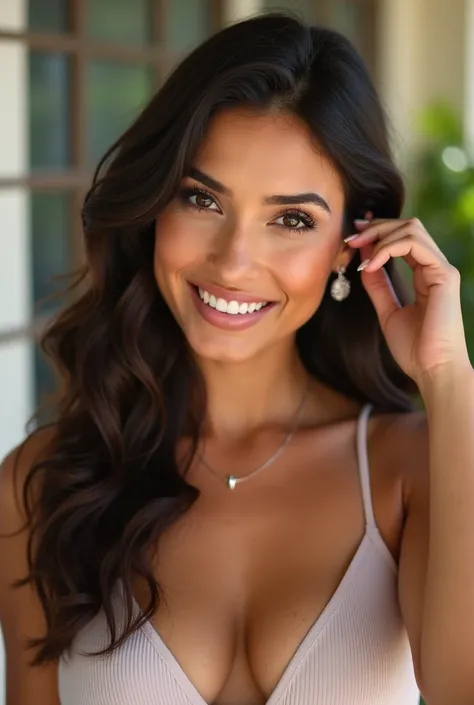  photo of a Brazilian woman , between 30 and 40 years , Brunetette, With earrings, Light Lipstick, hand in hair,  outside the house