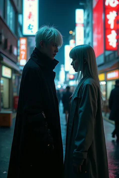  movie scene、 Imprint Image、8k、 Shibuya Scramble Crossing、Wearing electricity、A white haired  eith crisomon eyes with a black cloak in an dark alleyway 、Silver-haired Japanese woman、blunt bangs、 straight hair、