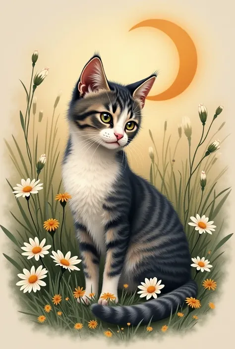 A tattoo design featuring a cat in a field of daisies and a moon