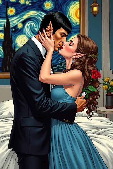 Spock from Star Trek with pointy ears and brown eyes wearing a tuxedo  ,She is kissing the mouth a woman with long brown curly hair and pointy ears and green eyes wearing a medieval blue dress she is holding a red rose and a note in her hands in a room of ...