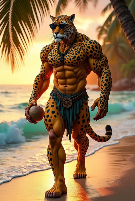 *"A hyper-realistic depiction of a humanoid jaguar with golden-yellow fur covered in bold black rosettes, walking along the edge of a tropical beach. He has a towering, muscular physique, his powerful build radiating strength and confidence. His face is a ...