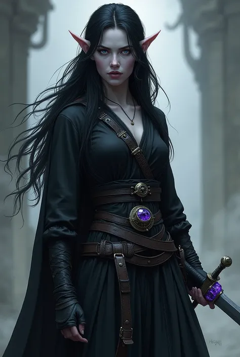 Create my DND character Davina Vindrel, she has blueish-grey skin, Long luscious black hair which she tucks behind her spiked ears. She has white eyes. She wears a black medieval gown which is practical in combat. She holds her favorite sword which has an ...