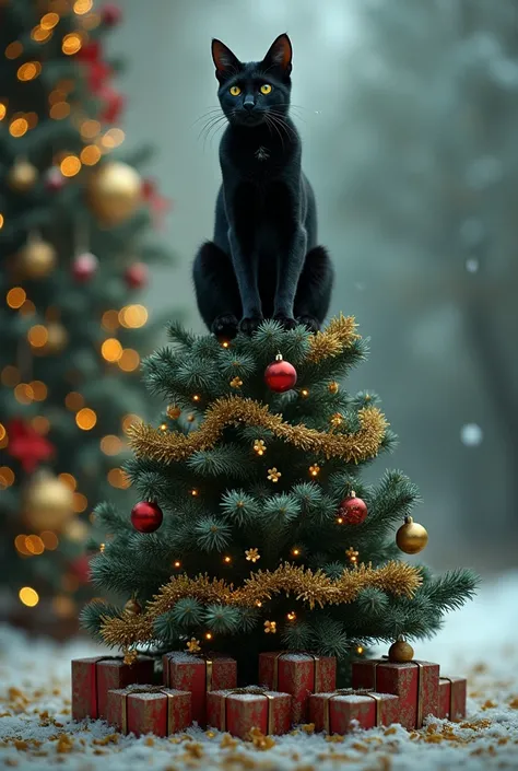 A tall black cat sitting as the "star" on top of a Christmas tree.
The tree could be shaped by garlands, with paw prints scattered around.