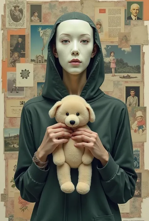  Create an image where the background is a collage with pure ren holding a stuffed animal, as a central character a person holding a faceless mask , The character has no face  