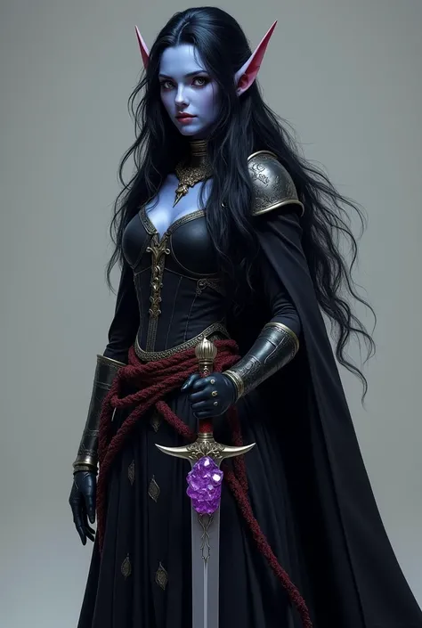 Create my DND character Davina Vindrel, a dark elves, she has dark blue skin, Long luscious black hair which she tucks behind her spiked ears. She has white eyes. She wears a black medieval gown which is practical in combat. She holds her favorite sword wh...