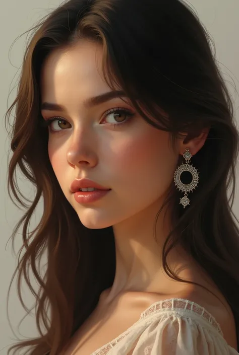  make me an image of a brunette woman with brown hair and eyes, And ring earrings around her ears 