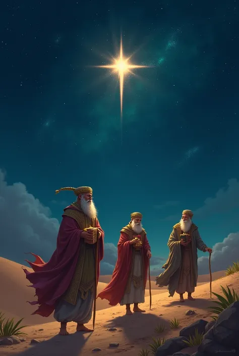 Create an image of three wise men following a star with gifts in their hands 