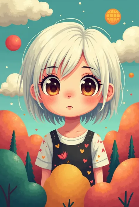 Pixr style  , a girl with brown lenses , with short white hair  ,with autism , likes to sing 