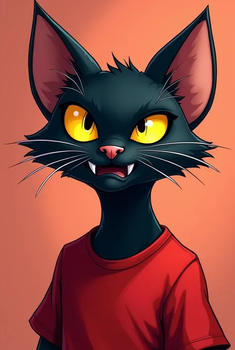 The image of a black cat with yellow eyes  , that his fangs can be seen ,   that is dressed in a red basketball t-shirt and that the image only shows the face of the cat where the image is a modern cartoon