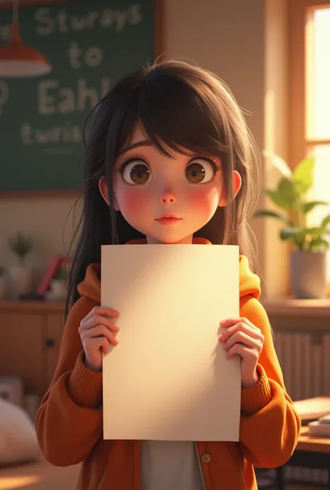 A girl holding up a paper
