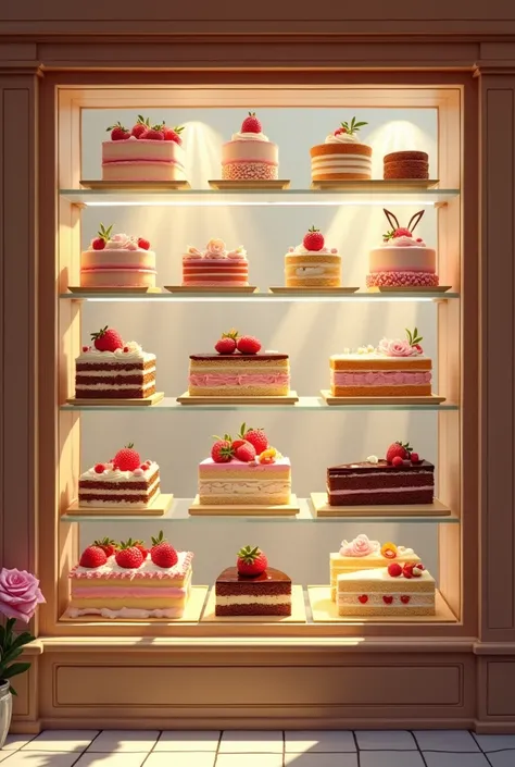 Image of a pastry shop window filled with cakes