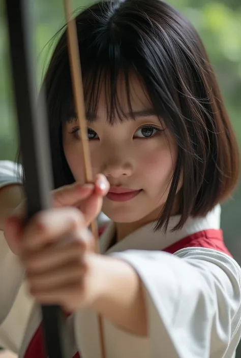 ( high definition ), (8k), ( very detailed), (whole body), ( beautiful detailed eyes ), ( best quality), (  Masterpiece ),、(( Japanese high school girl doing kyudo:1.8))、((Kyudo Club Activities )),（(To wear hakama)), （( short bob hair))、,(Inverted triangle...