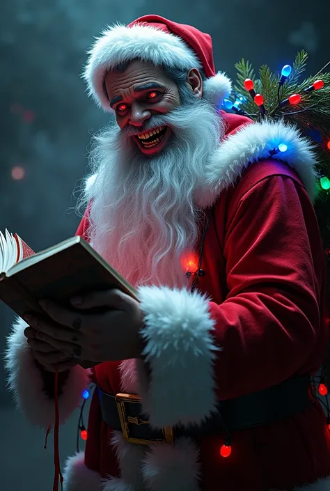 A hot spotted daddy Christmas lights holding a book and hes a vampire with blood on his lips and teeth and red eyes 