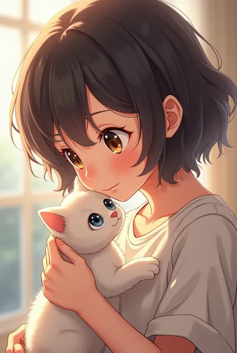 Anime black-haired with brown eyes holding a white-eyed kitten with blue eyes.