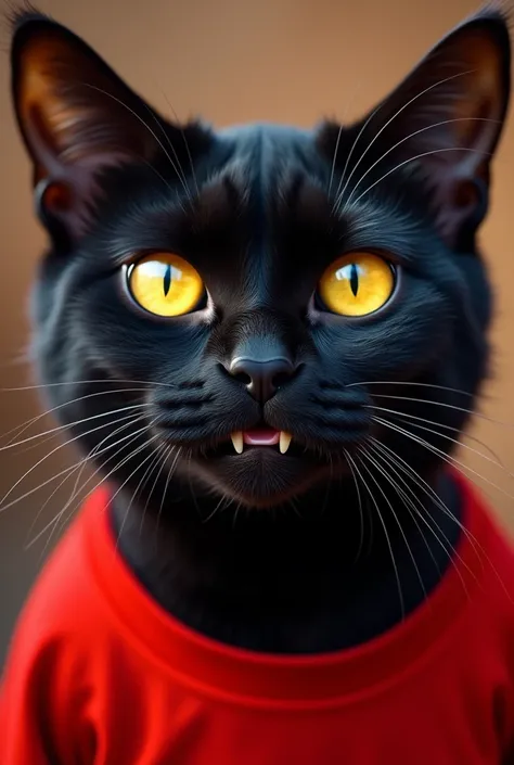 The image of a friendly black cat with yellow eyes  , Lets see his fangs and two claws  ,   who is dressed in a red basketball t-shirt and that the image only shows the cats face