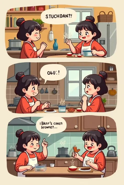 Dans un style webtoon. Une fille chubby cuisine en discutant avec une IA qui lui donne la recette d’un brownie.. Elle est maladroite et se brule parfois. Le brownie a la fin de la video sont tout de meme reussis.