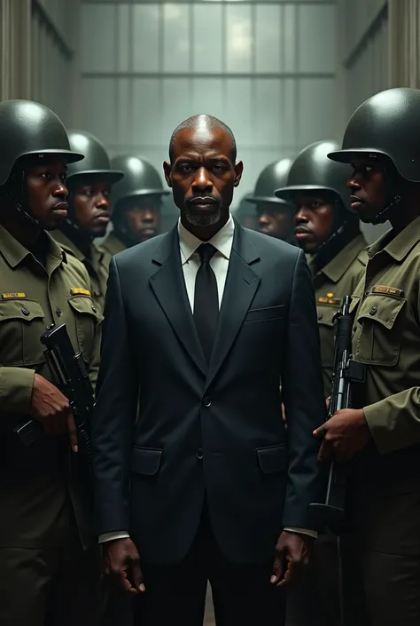 Mamadi Doumbouya, President of Guinea, Conakry, surrounded by prison guards in a prison 