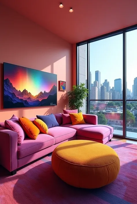 Make a 360° image of a colorful room with a TV installed on a modern panel and a choir sofa with cushions, Where in the background there is a balcony with a view of an ordinary urban downtown neighborhood 