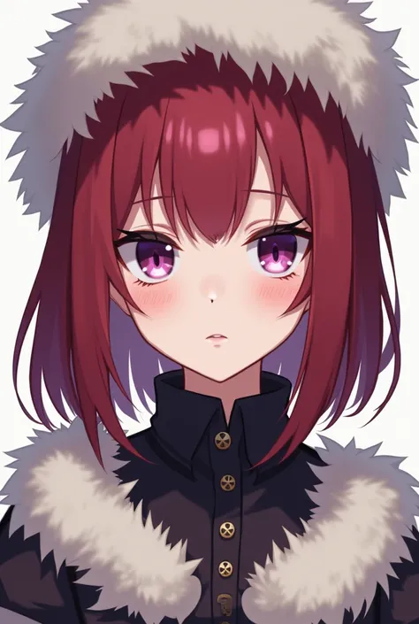 Anime style girl, pale skin, dark purple calm eyes, no shine, medium straight red hair with bangs, emotionless eyes, a white fur hat, clothing mix of Lolita, steampunk or ouji, emotionless, no eye shine.