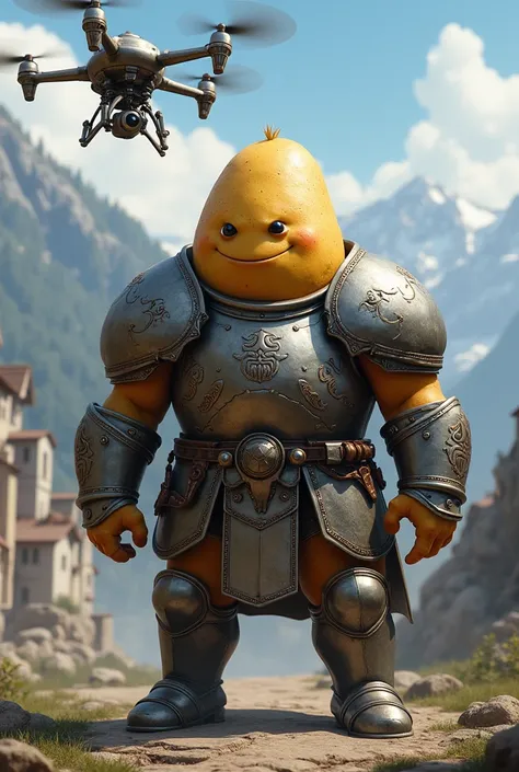 Potato warrior from Salzburg with armor and drone in the sky 